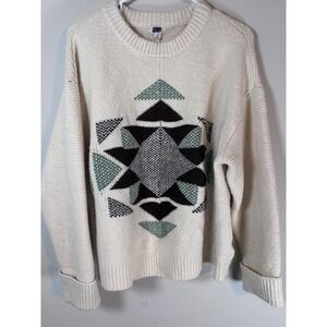 Geometric Intarsia Knit Sweater Cream Sage Green Crew Neck Pullover Plus 0X